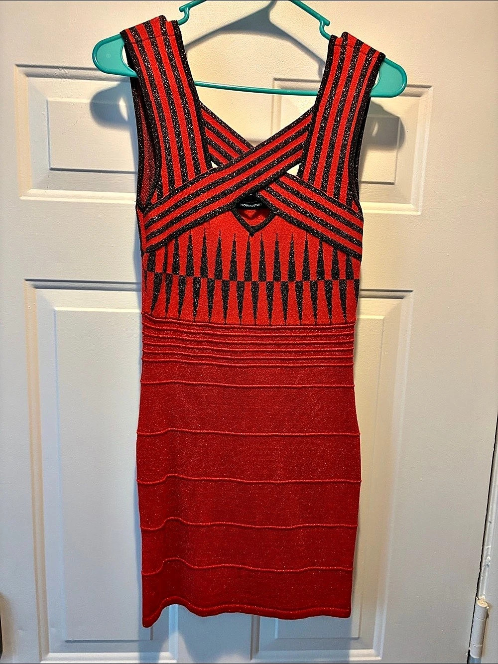 WOW Couture Geometric Knit Mini Dress in Red & Black Size Medium
